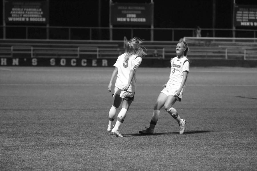 Georgia Kearney-Perry(r.) scored the lone goal for the Red Storm versus Butler in the Big East semifinals. All of the senior defenders career goals have come in postseason play. (Torch Photo: Gina Palermo)