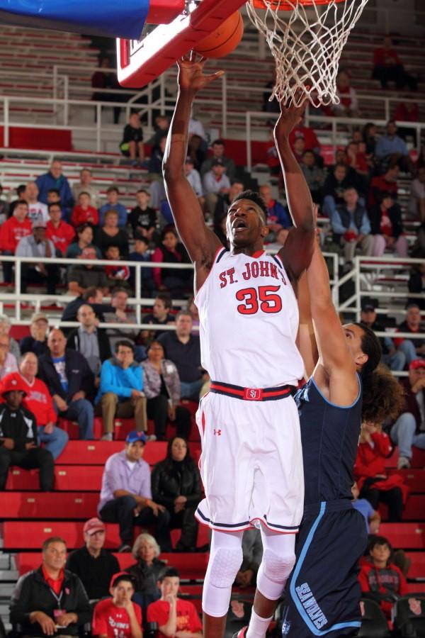 Yankuba Sima displayed why he was a coveted recruit as he scored 16 points to go along with 16 rebounds and eight blocked shots in the Red Storm’s 64-46 exhibition win over Sonoma State.  (Photo: St. Johns Athletic Communications)