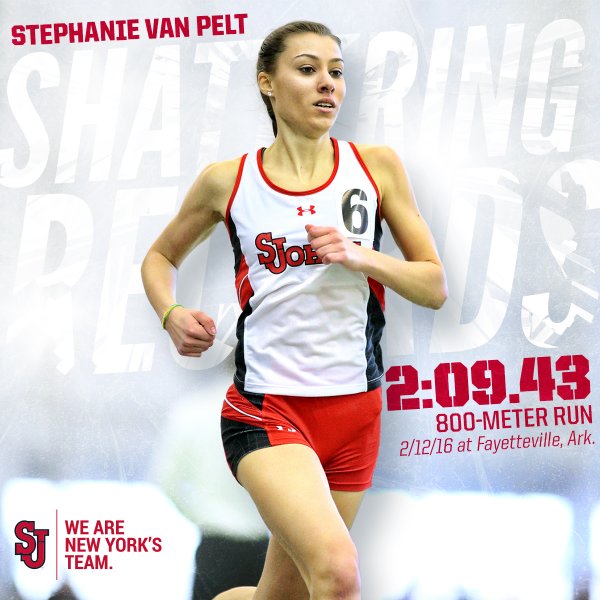 Stephanie Van Pelt broke the school record in the 800-meter Friday w/a time of 2:09.43 (2nd) at Tyson Invite (Graphic: Twitter @StJohnsXCTF)