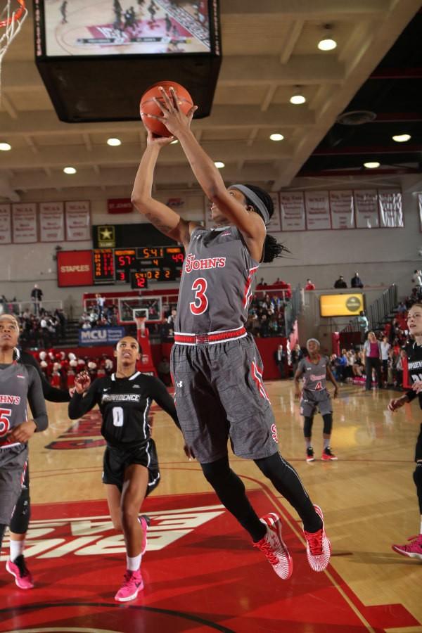 liyyah Handford (3) is now the all-time leading scorer in school history and finished with 27 points in the Red Storms 69-54 victory over Providence (Photo: St. Johns Athletic Communications)