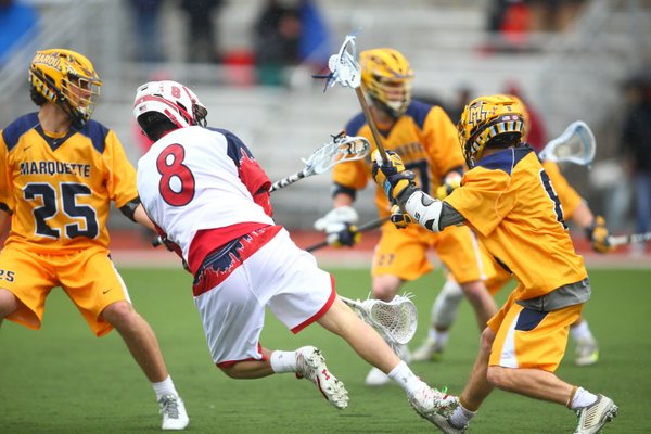 Eric DeJohn had two goals and an assist to lead the Red Storm in a losing effort. (Photo: Twitter/@StJohnsLax).