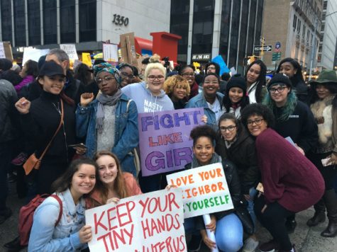 (From left to right) F.U. members Awura Ama Barnie-Duah, Alex Gaskin, Sydney Potter, (Bottom) Maquela Aguilar, Aria Hall, Madison Hunt and Stephanie Aliaga at the New York City Women’s March.