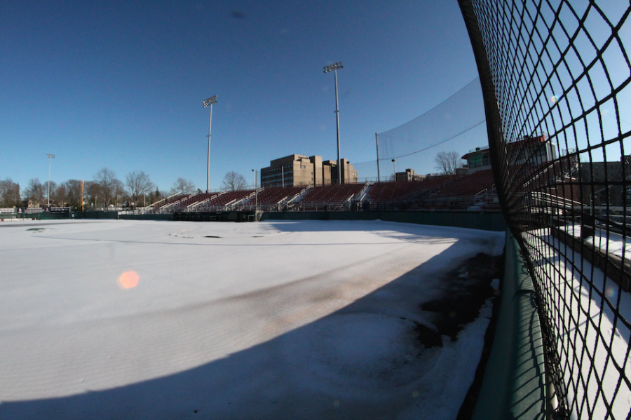 Snow covered the St. Johns athletic fields throughout the weekend. (Amanda Negretti)