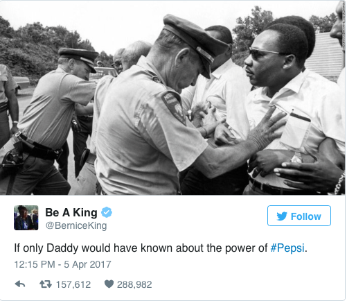 Civil rights activist Martin Luther King Jr.s daughter tweets her reaction to Pepsi ad.