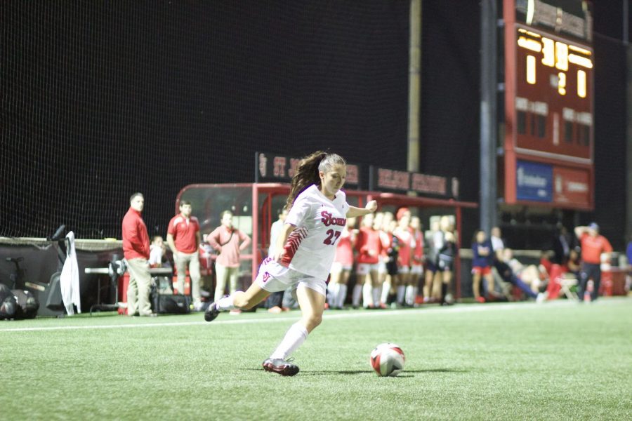 Senior Allie Moar, shown here against Seton Hall on Oct. 14, was one of six seniors honored during the team's 1-0 victory against Xavier on Oct. 22 (Torch Photo/Nick Bello).