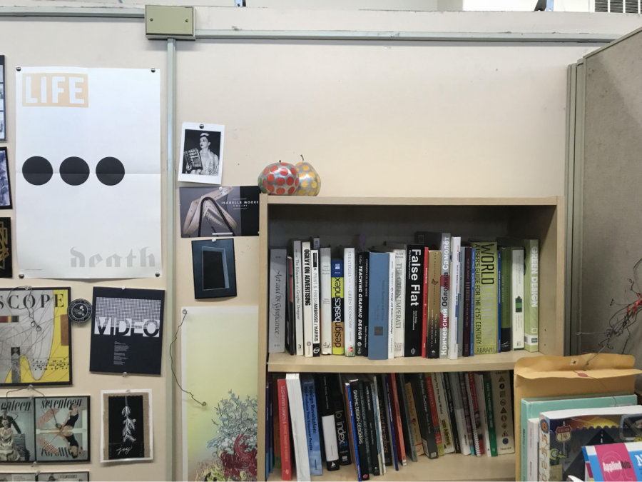 Professor Aaris Sherin’s office with the 16 books that she discovered missing on April 11 were stacked atop this bookshelf. 