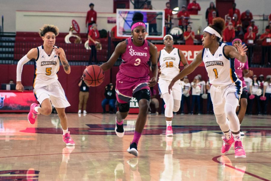 Tiana England finished with 20 points to lead the Red Storm in their upset of Marquette.
