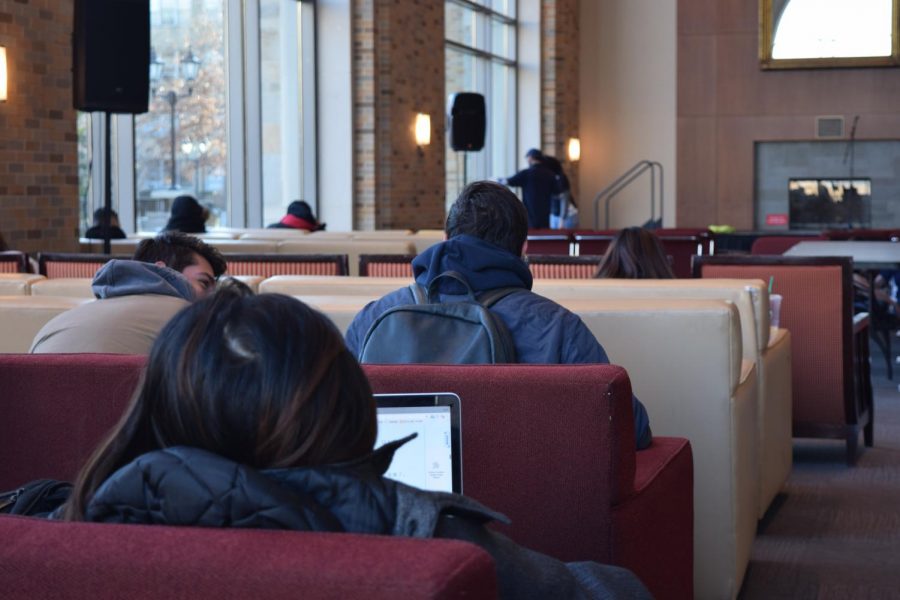 Students taking advantage of the D’Angelo Hall lounge areas. 