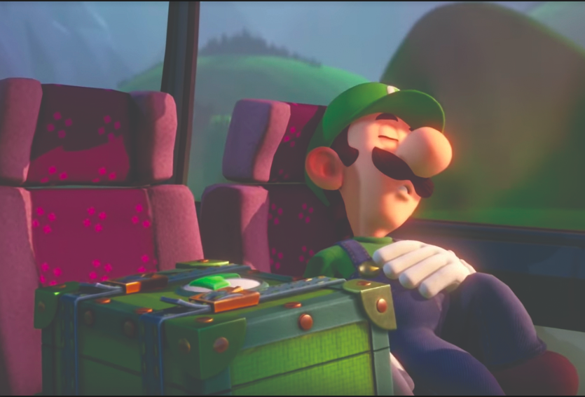 Luigi asleep on the bus en route to “The Last Resort.”

