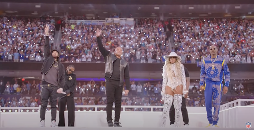 From left to right: Eminem, Kendrick Lamar, Dr. Dre, Mary J. Blige and Snoop Dogg. 