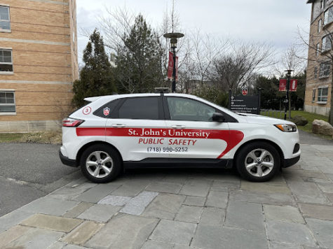 A St. Johns University Public Safety vehicle on the Queens campus residence village.
Torch Photo / Brady Snyder
