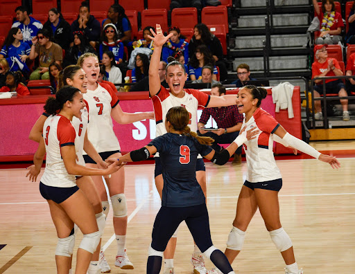 The Red Storm celebrate a point in their first Big East match of the season.
Torch Photo / Megan Chapman