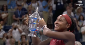 Coco Gauff with her prize trophy.
Photo Courtesy / YouTube U.S. Open Tennis Channel
